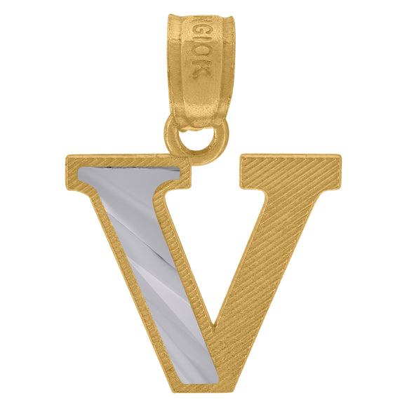 10kt Two-tone Gold Unisex Diamond-cut Initial V Charm Pendant