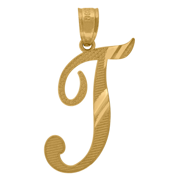 10kt Yellow Gold Unisex Diamond-cut Initial T Charm Pendant