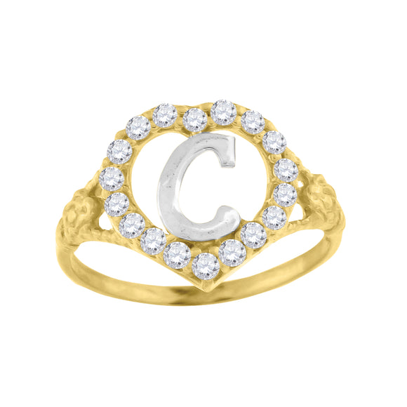 10kt Two-tone Gold Womens Cubic Zirconia Polished Finish Heart Shape Letter C Initial Ring