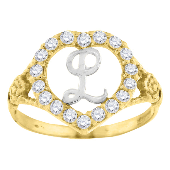 10kt Two-tone Gold Womens Cubic Zirconia Polished Finish Heart Shape Letter L Initial Ring