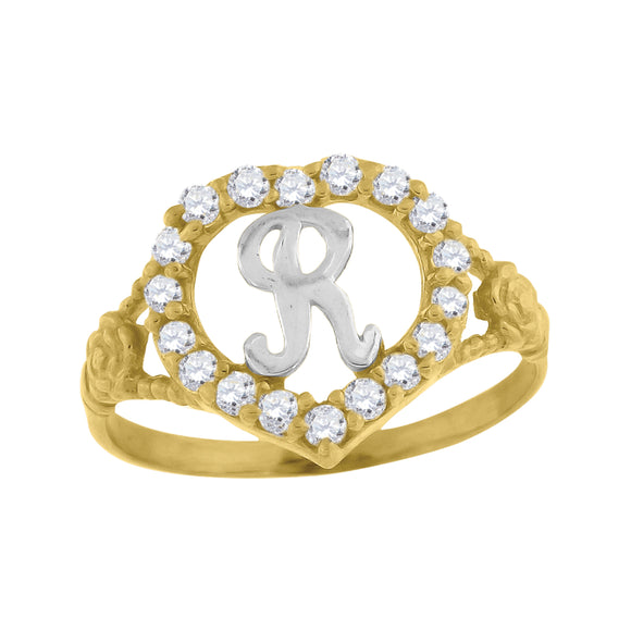 10kt Two-tone Gold Womens Cubic Zirconia Polished Finish Heart Shape Letter R Initial Ring