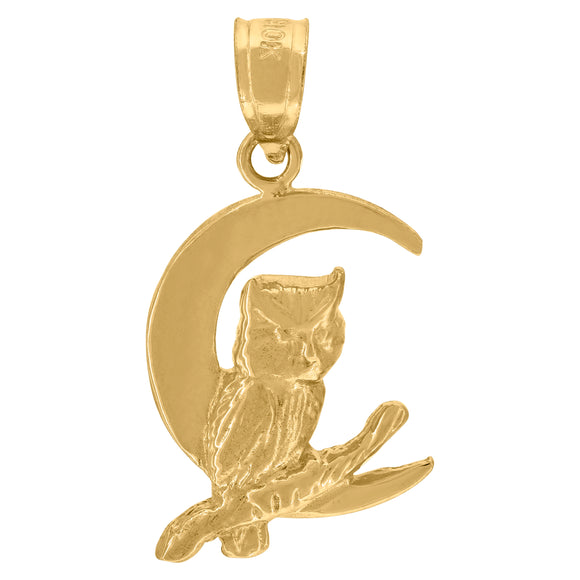 10kt Yellow Gold Womens Mens Unisex Owl Moon Ht:20.9mm x W:10.9mm Animal Charm Pendant