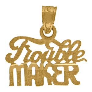 10kt Yellow Gold Textured Unisex Trouble Maker Ht:16.6mm x W:16.1mm Letters & Words Charm Pendant