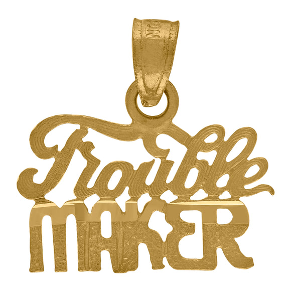 10kt Yellow Gold Textured Unisex Trouble Maker Ht:16.6mm x W:16.1mm Letters & Words Charm Pendant