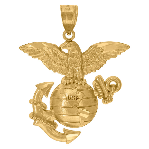 10kt Yellow Gold Unisex US Marine Corps Eagle Globe Anchor Ht:32.2mm x W:24mm Badge Charm Pendant