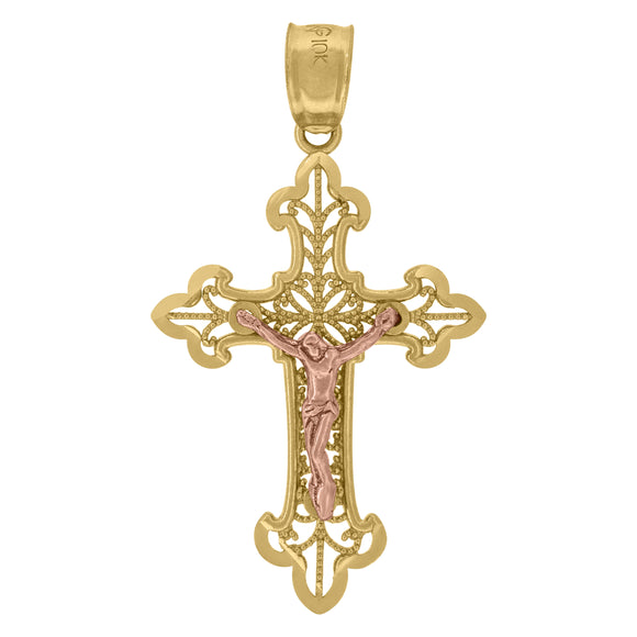 10kt Gold Two-tone Diamond-cut Unisex Cross Crucifix Ht:34mm x W:18.8mm Religious Charm Pendant