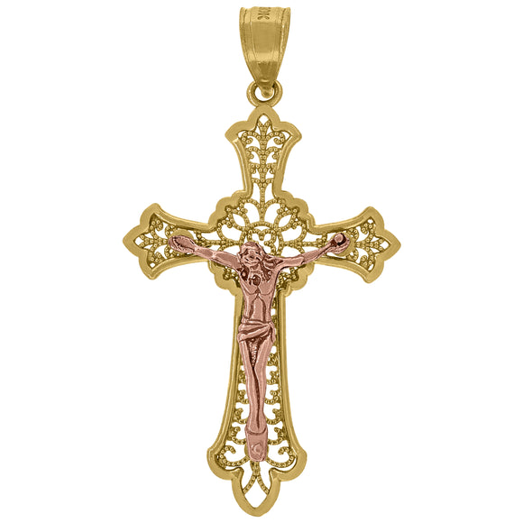 10kt Gold Two-tone Diamond-cut Unisex Cross Crucifix Ht:39.1mm x W:21.3mm Religious Charm Pendant