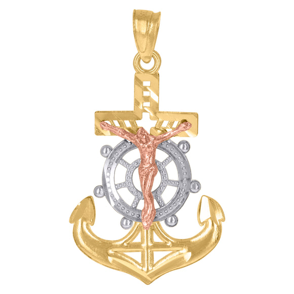 10kt Gold Tri-color Unisex Anchor Cross Crucifix Ht:29.8mm x W:16.3mm Religious Charm Pendant