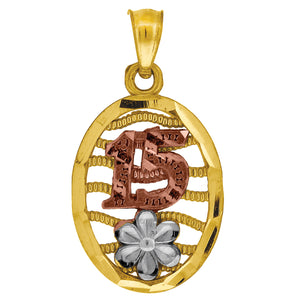 10kt Gold Tri-color Diamond-cut Unisex 15 Anos Flower Ht:23mm x W:12.2mm Quinceanera Charm Pendant