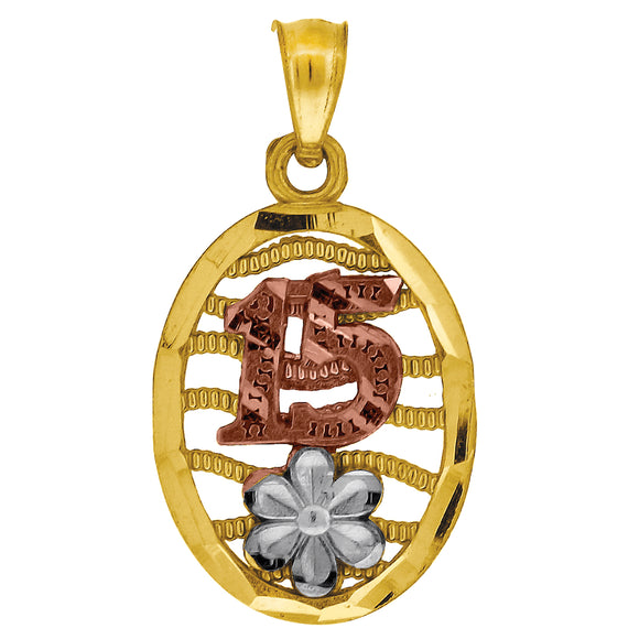 10kt Gold Tri-color Diamond-cut Unisex 15 Anos Flower Ht:23mm x W:12.2mm Quinceanera Charm Pendant