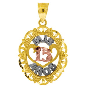 10kt Gold Tri-color Diamond-cut Unisex Mis 15 Anos Heart Oval Ht:27.5mm x W:16.7mm Quinceanera Charm Pendant