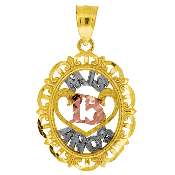 10kt Gold Tri-color Diamond-cut Unisex Mis 15 Anos Heart Oval Ht:27.5mm x W:16.7mm Quinceanera Charm Pendant