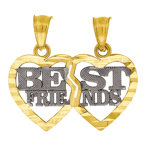 10kt Two-tone Gold Womens Textured Best Friends Break Apart Double Hearts Charm Pendant