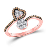 10kt Rose Gold Womens Round Brown Diamond Bypass Flower Heart Ring 1/5 Cttw