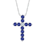 10kt White Gold Womens Round Lab-Created Blue Sapphire Cross Pendant 7/8 Cttw