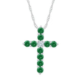 10kt White Gold Womens Round Lab-Created Emerald Cross Pendant 5/8 Cttw
