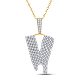 10kt Yellow Gold Mens Round Diamond Dripping V Letter Charm Pendant 2-7/8 Cttw