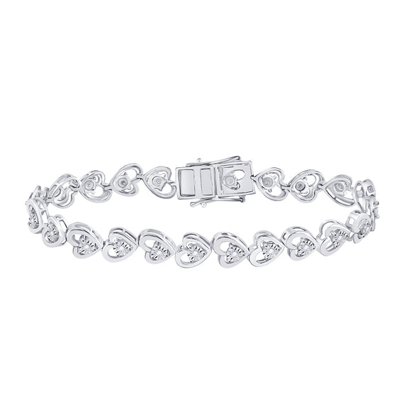 Sterling Silver Womens Round Diamond Heart Tennis Bracelet 1/4 Cttw
