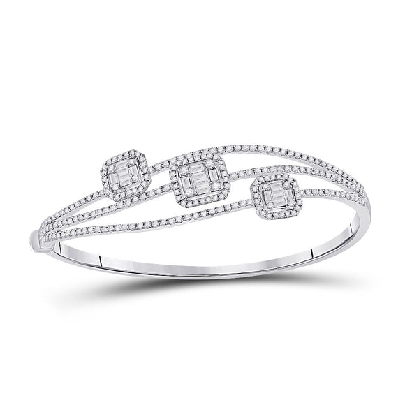 14kt White Gold Womens Baguette Diamond Cluster 3-stone Bracelet 1-3/4 Cttw