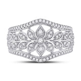 14kt White Gold Womens Round Diamond Floral Fashion Ring 1/2 Cttw