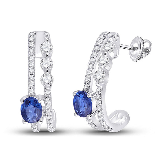 14kt White Gold Womens Oval Blue Sapphire Fashion J Hoop Earrings 3/4 Cttw