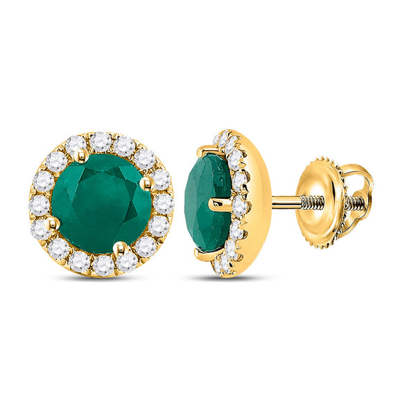 14kt Yellow Gold Womens Round Emerald Diamond Halo Earrings 1-1/5 Cttw