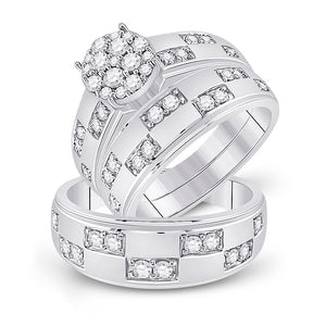 14kt White Gold His Hers Round Diamond Cluster Matching Wedding Set 1 Cttw