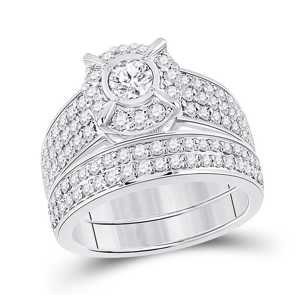 14kt White Gold Round Diamond Bridal Wedding Ring Band Set 1-1/2 Cttw
