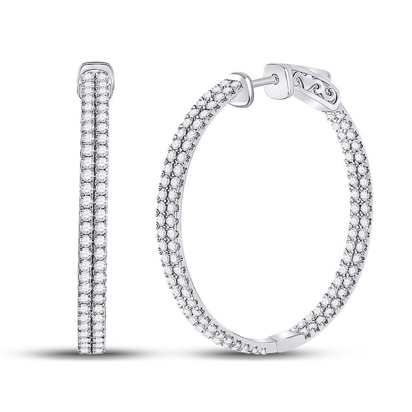 14kt White Gold Womens Round Diamond Double Row Hoop Earrings 2 Cttw