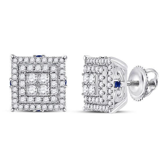 14kt White Gold Womens Round Diamond Blue Sapphire Square Earrings 1 Cttw