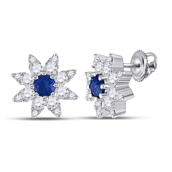 14kt White Gold Womens Round Blue Sapphire Diamond Halo Earrings 1/2 Cttw