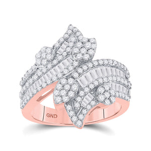 14kt Rose Gold Womens Baguette Diamond Bypass Cluster Fashion Ring 1-1/3 Cttw