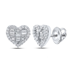 10kt White Gold Womens Baguette Diamond Heart Earrings 1/2 Cttw