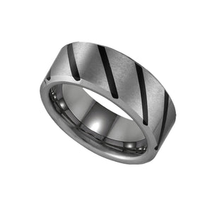 Tungsten Flat Mens Comfort-fit 8mm Size-9 Wedding Band with Diagonal Black Lines