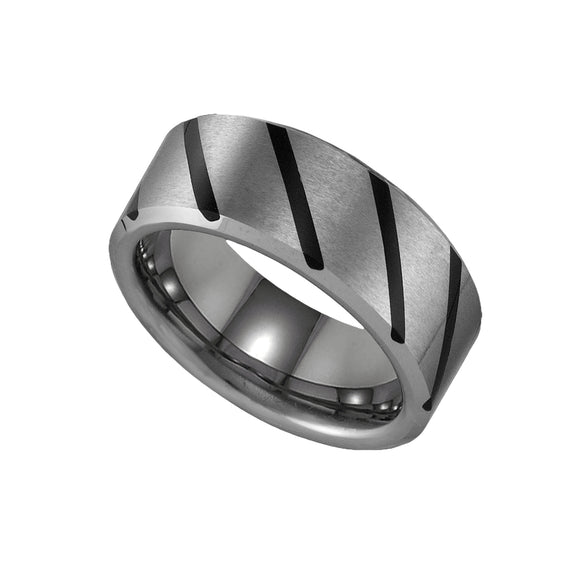Tungsten Flat Mens Comfort-fit 8mm Size-9 Wedding Band with Diagonal Black Lines