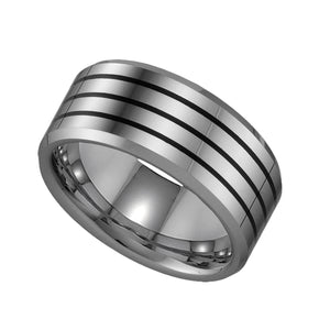 Tungsten Mens Triple Black Lines Wedding Band Comfort-fit 9mm Size-8