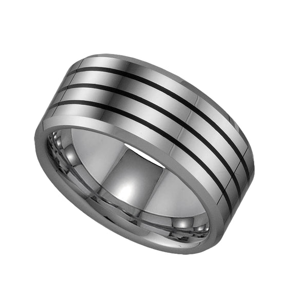 Tungsten Mens Triple Black Lines Wedding Band Comfort-fit 9mm Size-8