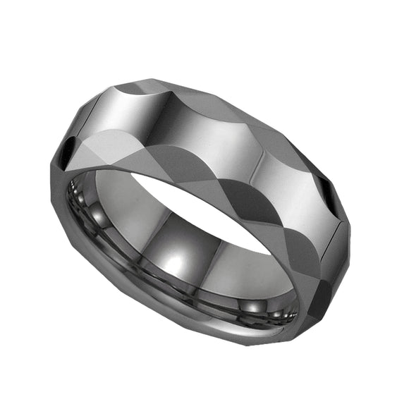Tungsten Plain Mens Comfort-fit 8mm Size-7 Wedding Band with Faceted Edges