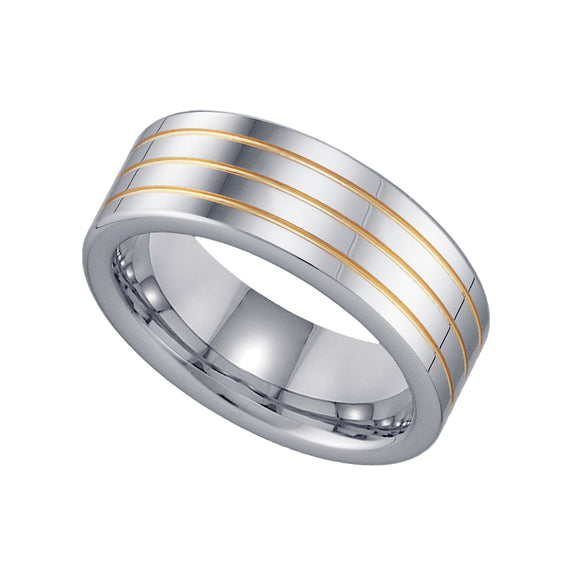 Tungsten Flat Mens Comfort-fit 8mm Size-7 Wedding Band with Triple Gold-tone Grooves