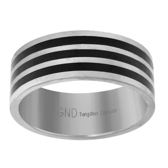 Tungsten 3 Black Line Stripes Flat Mens Comfort-fit 8mm Size-10 Wedding Band