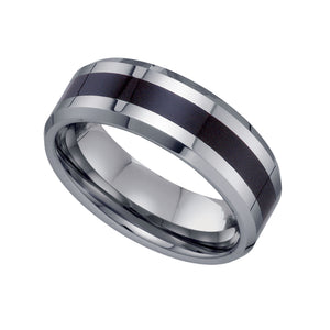 Tungsten Black Inlay Mens Comfort-fit 8mm Size-7 Wedding Band with Beveled Edges