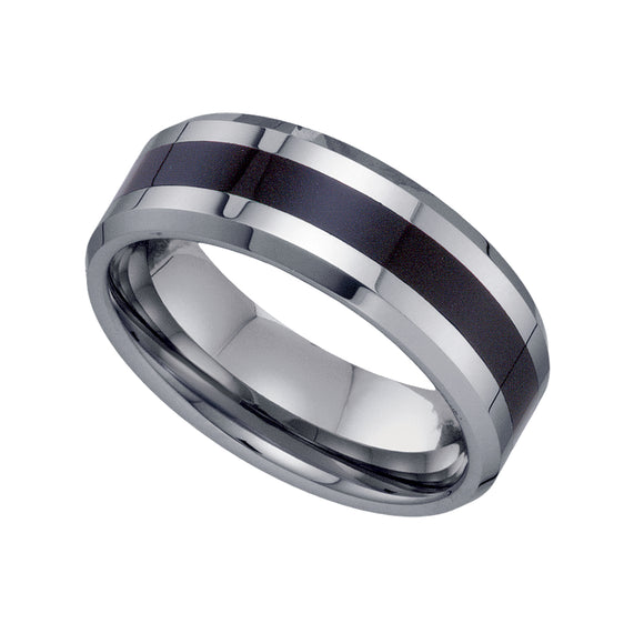 Tungsten Black Inlay Mens Comfort-fit 8mm Size-7 Wedding Band with Beveled Edges