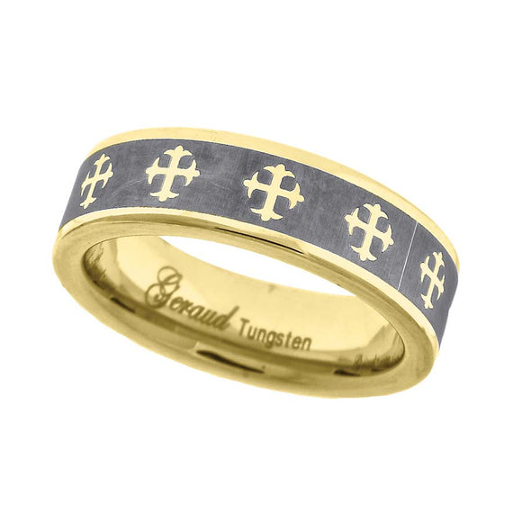 Tungsten Brushed Gold-tone Celtic Cross Mens Comfort-fit 6mm Size-7 Wedding Band