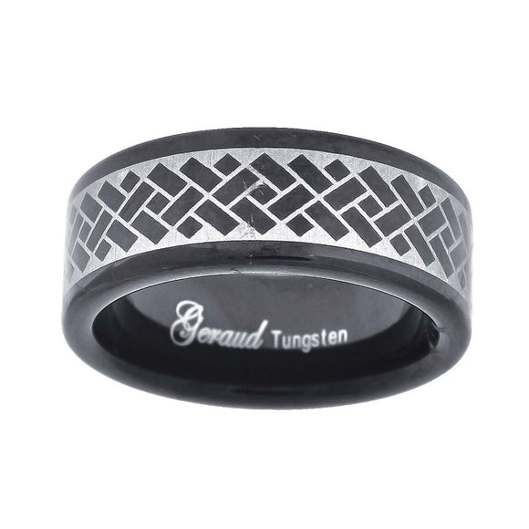 Tungsten Two-tone Laser Itched Geometiic Design Mens Comfort-fit 8mm Size-8 Wedding Band