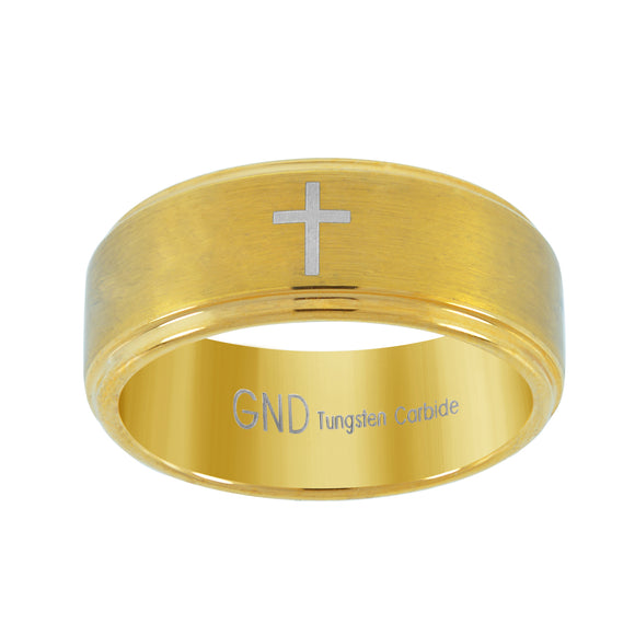 Tungsten Gold-tone Brushed Cross Center Mens Comfort-fit 8mm Size-8 Wedding Band