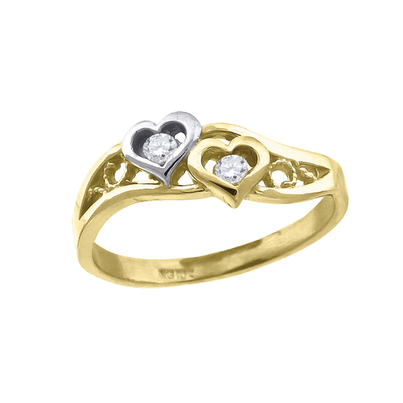 10kt Two-tone Gold Womens Cubic Zirconia Double Heart Ring