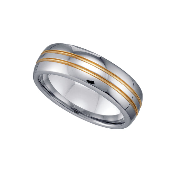 Tungsten Shiny Mens Comfort-fit 7mm Size-7 Wedding Band with 2 Gold-toned Grooves