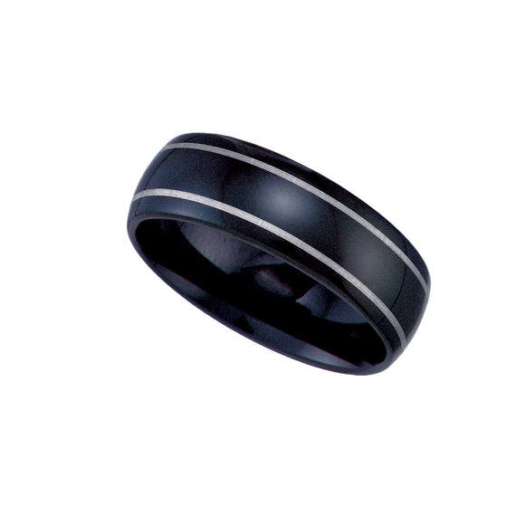 Tungsten Black Domed Mens Comfort-fit 7mm Size-7 Wedding Band with 2 Silver-tone Lines