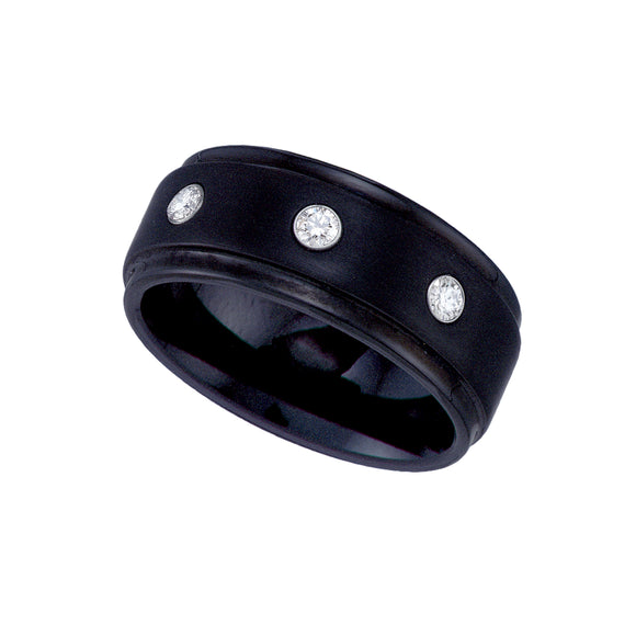 Tungsten CZ Black Mens Comfort-fit 9mm Size-7 Wedding Band with Step Edges