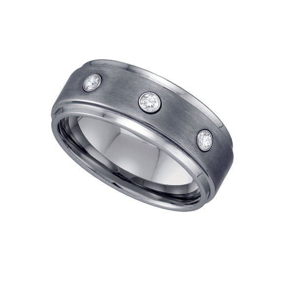 Tungsten CZ Center Brushed Mens Comfort-fit 9mm Size-7 Wedding Band with Step Edges